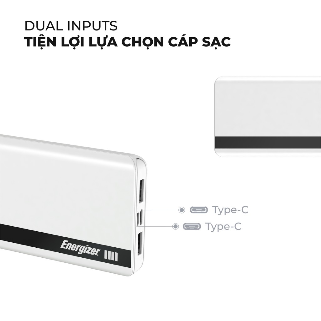 Sạc dự phòng Energizer 10000mAh UE10054 -Thiết kế gọn nhẹ,tích hợp 2 cổng inputs và 2 cổng ouputs - Hàng chính hãng