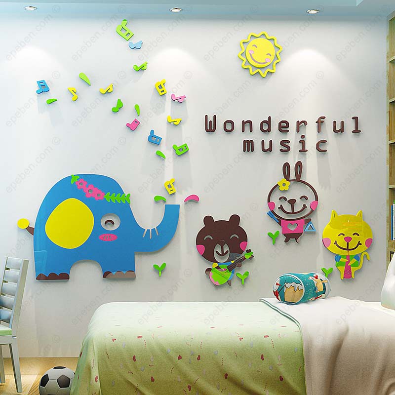 Tranh dán tường mica 3d decor khổ lớn thế giới âm nhạc cho bé trang trí mầm non, phòng cho bé Nhiều Size - EPeBen