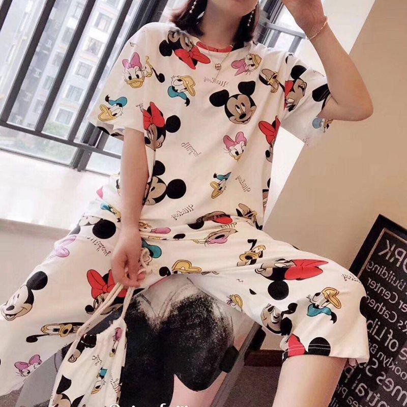 Bộ trang phục 3 mảnh họa tiết hoạt hình dáng rộng chất liệu lụa sữa mặc ở nhà