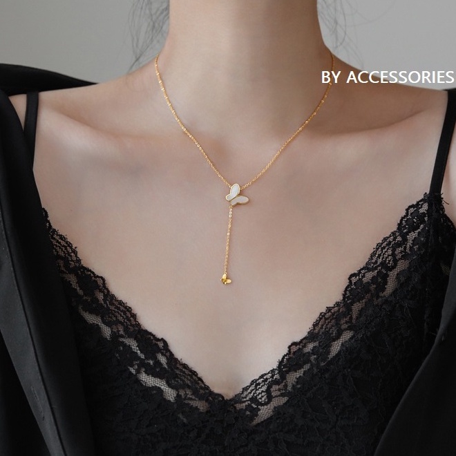 Dây chuyền titan butterfly hình bướm cẩm xà cừ phối dây thả dài không gỉ WN2116