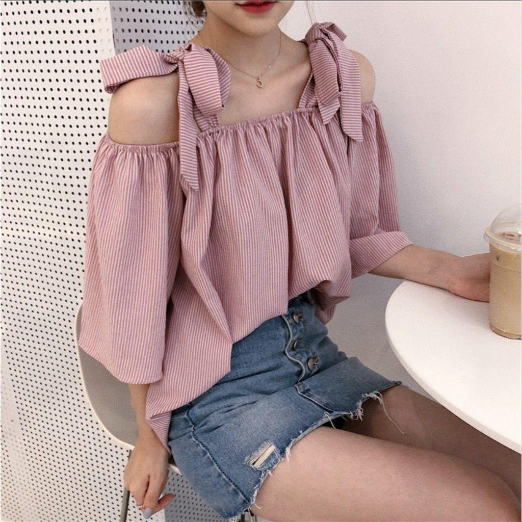 🌷[NishiShoppu2019] 11254B1 Áo trễ vai cột nơ phong cách hàn Quốc