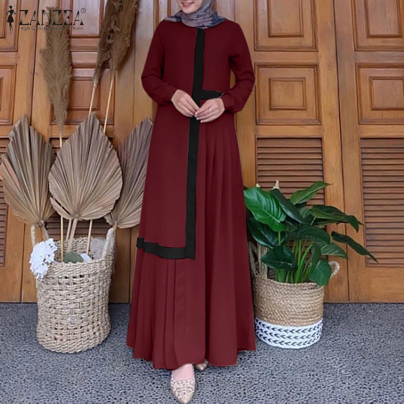 Đầm maxi  ZANZEA tay dài màu trơn phong cách vintage cho phụ nữ Hồi giáo