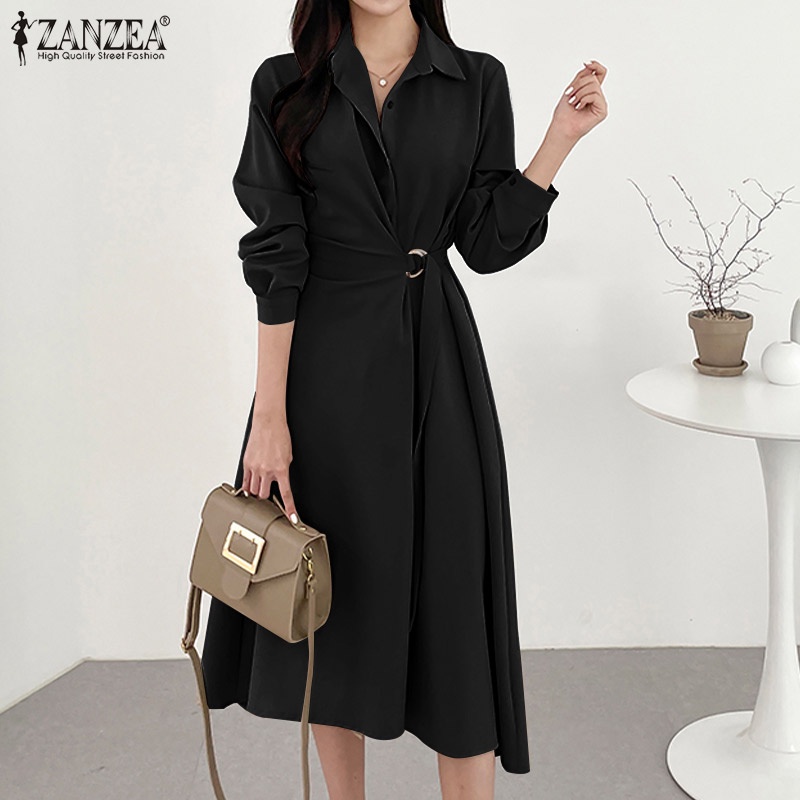 Đầm ZANZEA tay dài cổ bẻ buộc eo màu trơn phong cách Hàn Quốc thanh lịch thời trang cho nữ