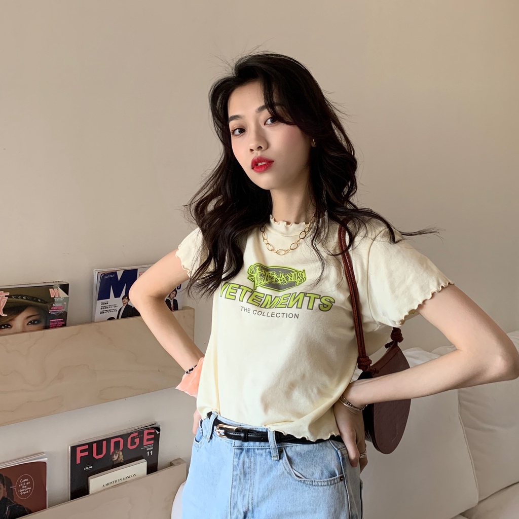 Áo Thun Croptop Tay Ngắn Cổ Tròn In Chữ Phong Cách Hàn Quốc Thời Trang Cho Nữ