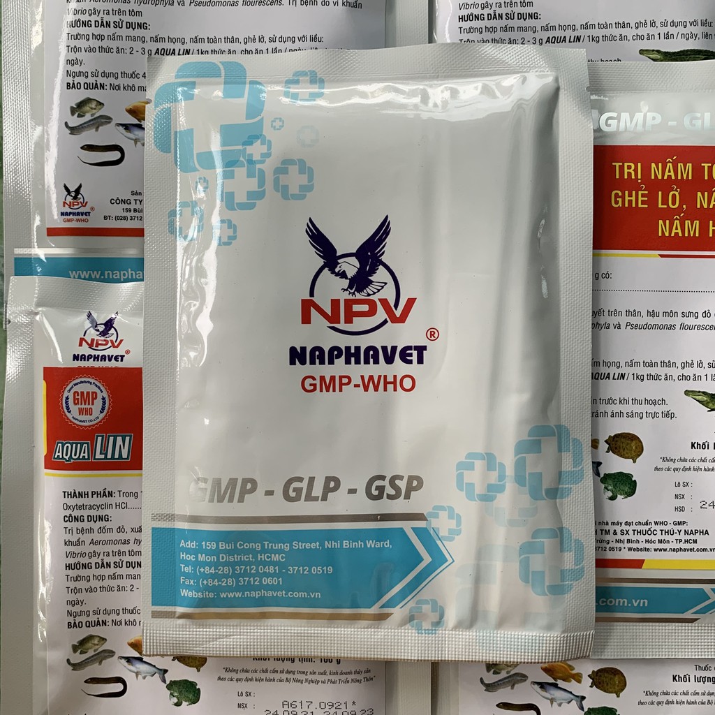 Combo 5 gói Aqualin dùng cho các bệnh nấm toàn thân, ghẻ lỡ, nấm nang nang, nấm họng trên tô, cá, thủy sản.