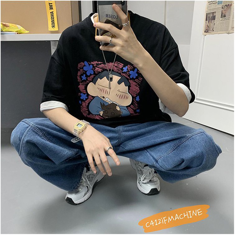 Áo Phông Unisex Hình Shin, Tay Lỡ Dáng Rộng, Chất Liệu Thun Dày Mịn Thoáng Mát, Hàng Shop Bao Đẹp