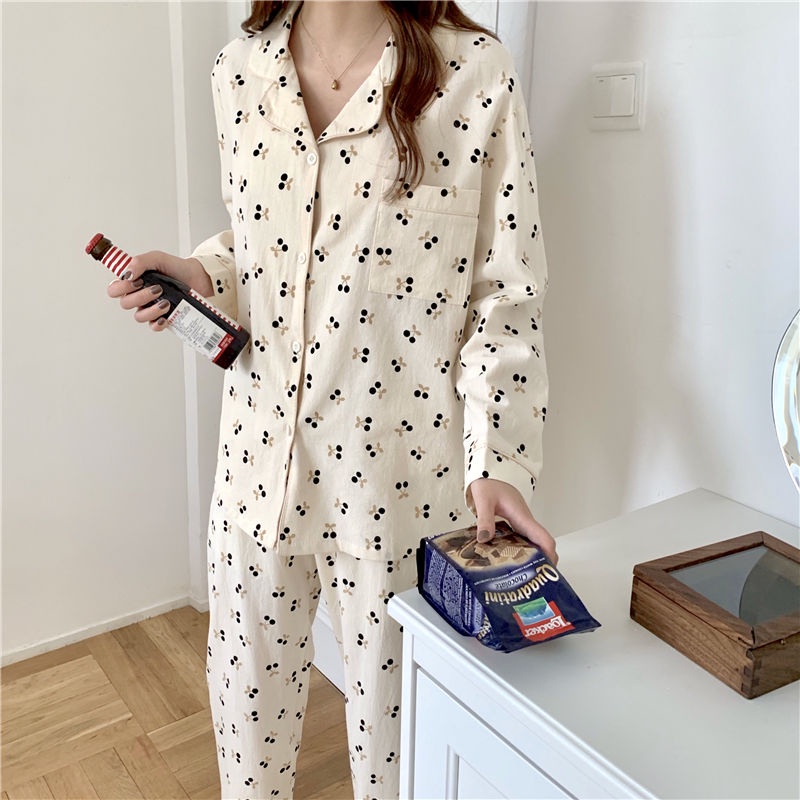 Bộ Đồ Ngủ Tay Dài Dáng Rộng In Hình Quả Cherry Dễ Thương Phong Cách Hàn Quốc Thời Trang Xuân Thu Cho Nữ | BigBuy360 - bigbuy360.vn