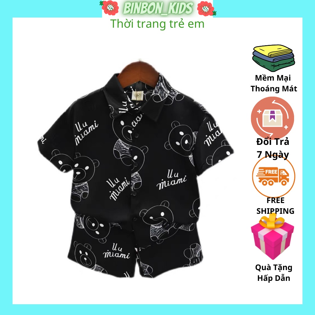 Quần áo bé trai BINBON KÍDS, Bộ cộc tay bé trai chất lụa cao cấp in hình Gấu cực yêu cho bé từ 8-28kg BSM06