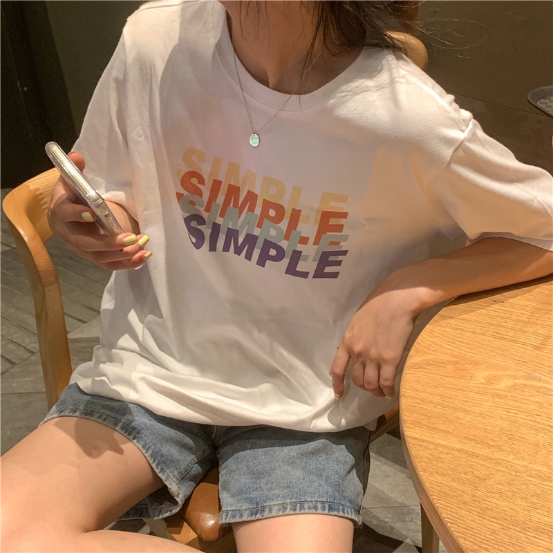 Áo Thun Tay Ngắn Cổ Tròn In Chữ Thời Trang Mùa Hè Phong Cách Hàn Quốc Cho Nữ