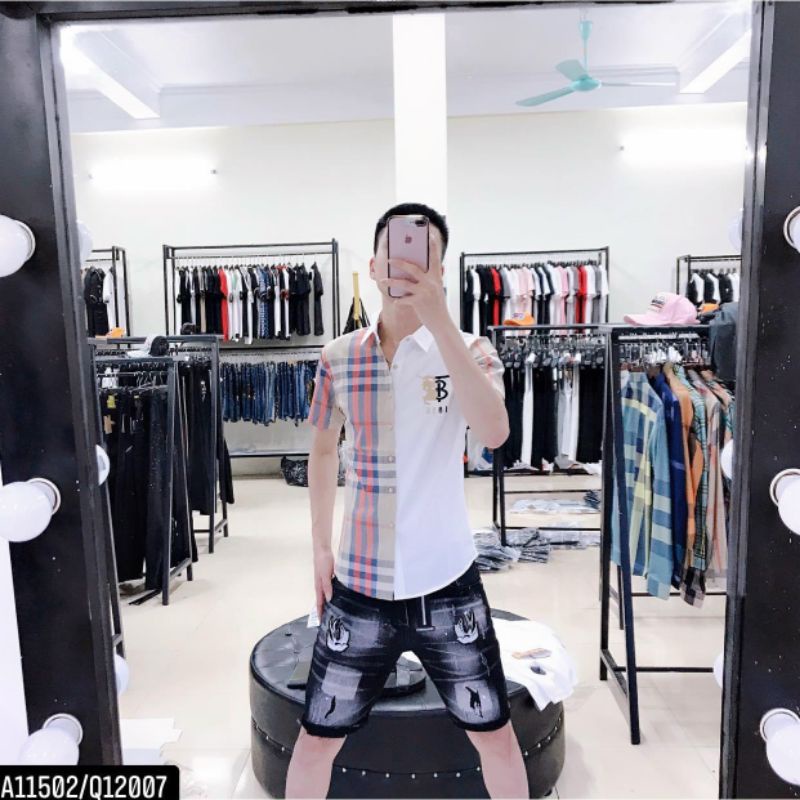 Áo sơ mi nam ngắn tay bbr trắng phối màu kẻ sọc caro | BigBuy360 - bigbuy360.vn
