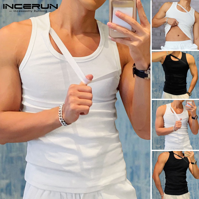 Áo INCERUN dệt kim không tay màu trơn phối dây ôm vừa vặn cho nam mặc thường ngày