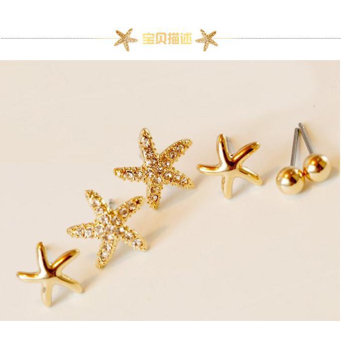 Bộ 3 đôi bông tai đính đá nhỏ gọn hình sao biển xinh xắn cho nữ
