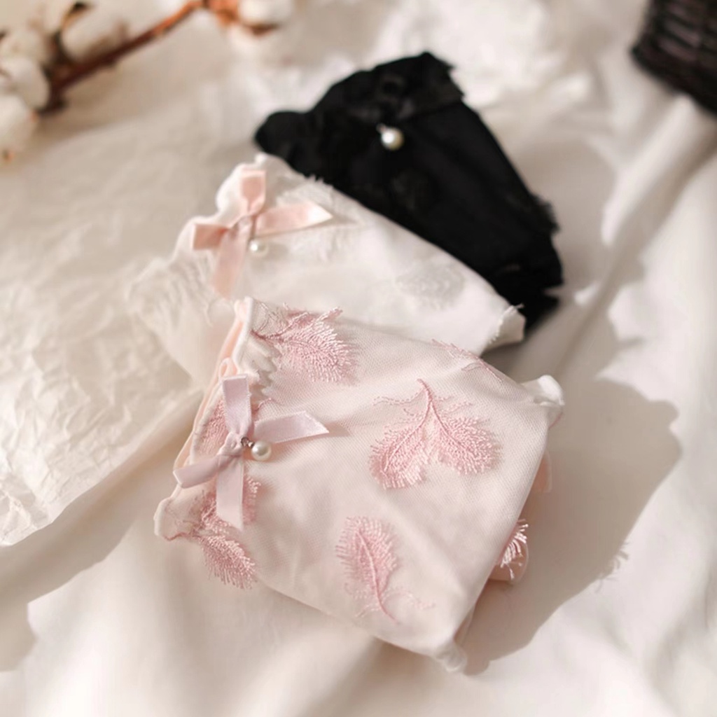 Quần Cotton Eo Giữa Thêu Lông Vũ Tinh Tế Đính Nơ Ngọc Trai Màu Hồng/Đen/Trắng Plus Size Cho Nữ