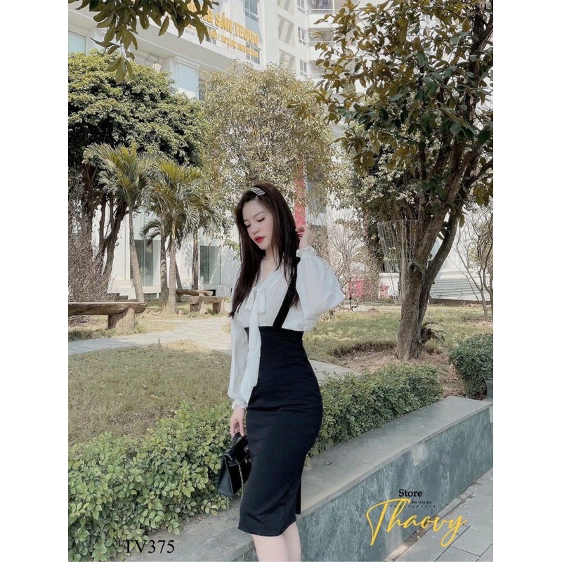 Set sơ mi buộc nơ cổ mix yếm 2 dây