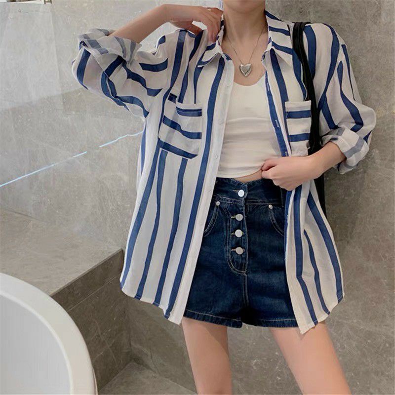Áo sơ mi nữ kẻ sọc xanh trắng phù hợp đi học, đi làm, đi chơi, chất von lụa mềm mịn
