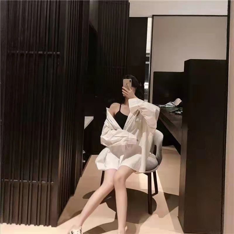 Áo Sơ Mi Tay Dài Dáng Rộng Màu Trắng Thời Trang Cho Nữ