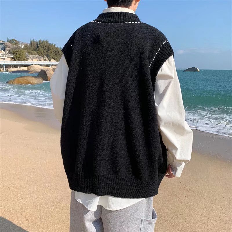 Áo Khoác Len Cardigan Sát Nách Màu Đen Kiểu Retro Nhật Bản Cá Tính Cho Nam