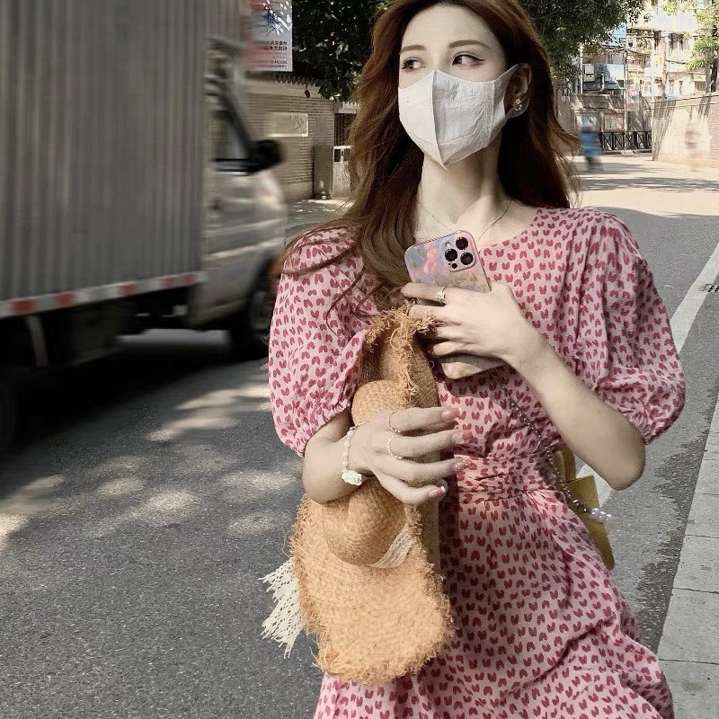 Váy tim ulzzang dáng dài cổ tròn voan tơ - Đầm hoa nhí Vintage Vaytimhong