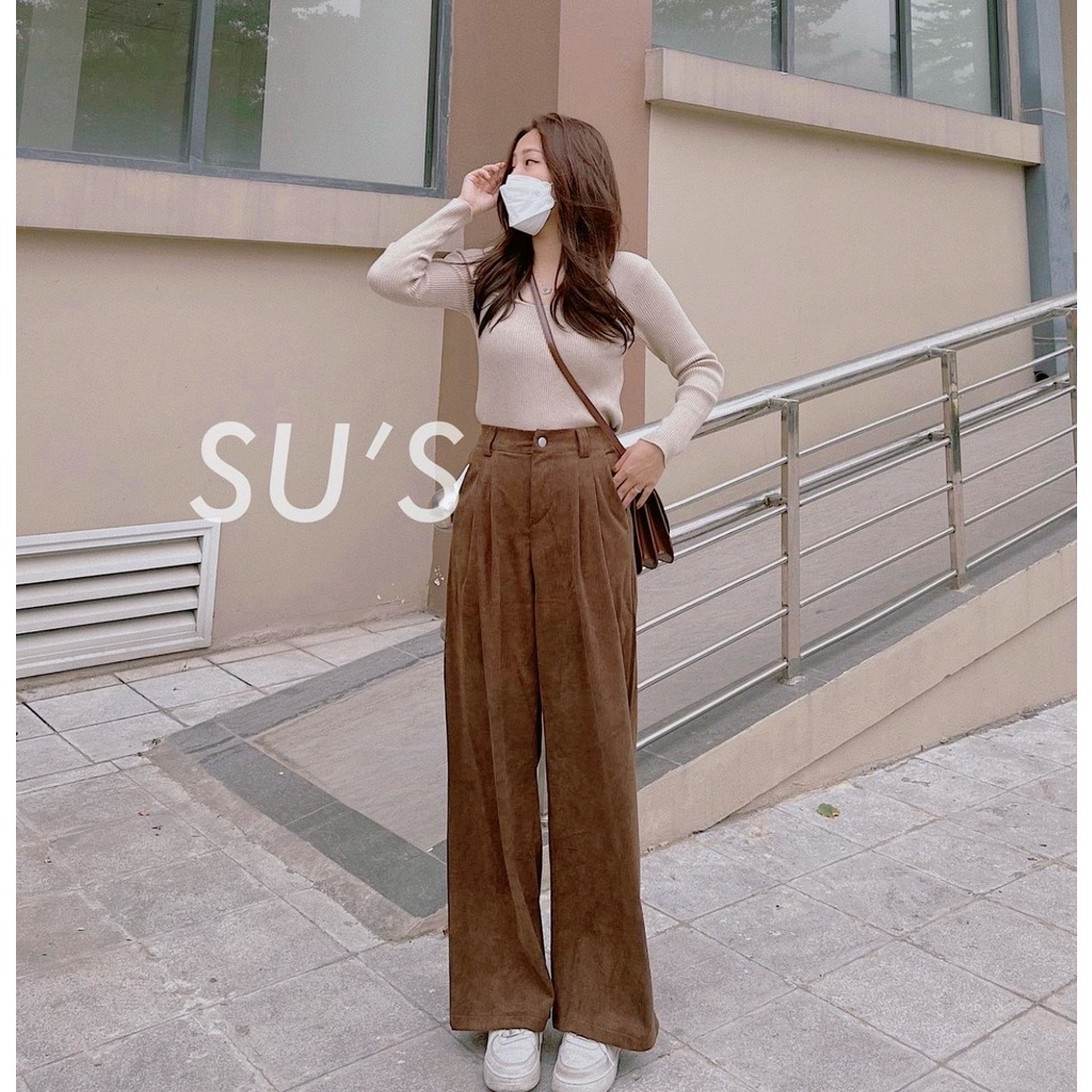 Quần Ống Suông Nhung Tăm Nữ, Quần Ống Rộng Lưng Cao Khóa Trước Lưng Thun Sau Chất Nhung Tăm Mềm Mịn Hack Dáng Chân Dài M