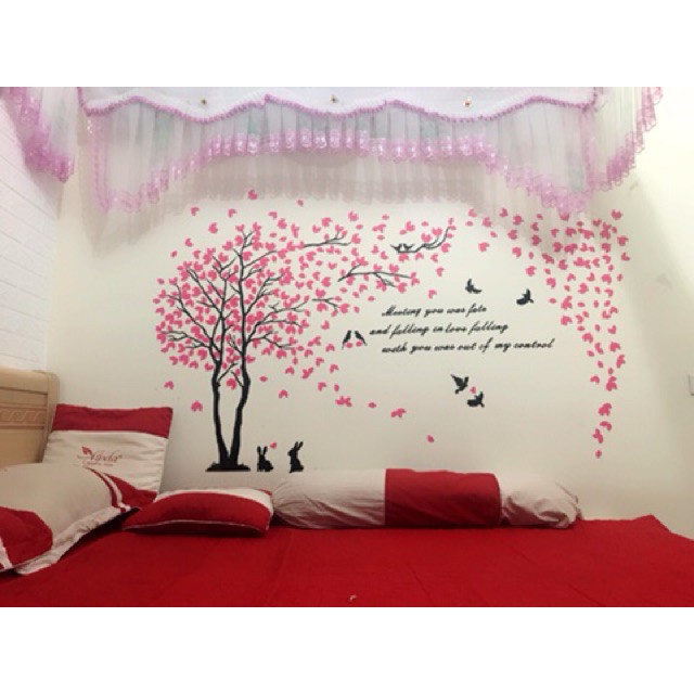 Tranh dán tường phòng khách/phòng ngủ/phòng bếp, tranh mica 3d - Cây tình nhân hồng