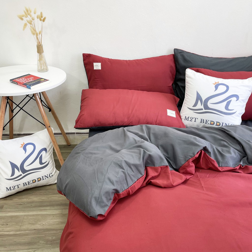 Bộ chăn ga gối drap Cotton Tici M2T Bedding đỏ phối ghi, vỏ chăn mền, grap nệm và 2 bao gối