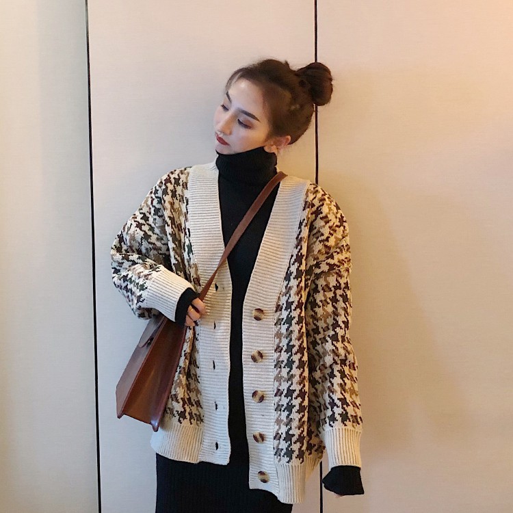 Hàng Sẵn_ Áo khoác len nữ cổ V houndstooth retro phong cách Hàn Quốc ulzzang | BigBuy360 - bigbuy360.vn