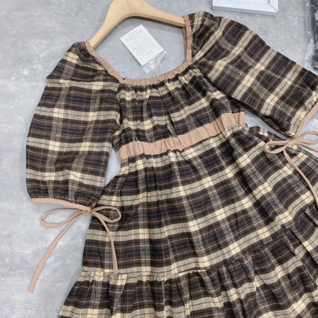 Đầm Babydoll Dáng Xoè Tay Phồng Cổ Vuông Kẻ Caro Chất Cotton Siêu Xinh | BigBuy360 - bigbuy360.vn