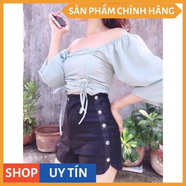 Quần short da lưng cao phối nút