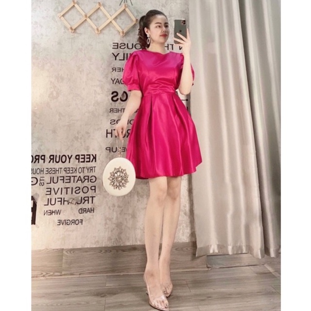 Váy tay bồng cổ tròn thắt eo tafta 3 màu