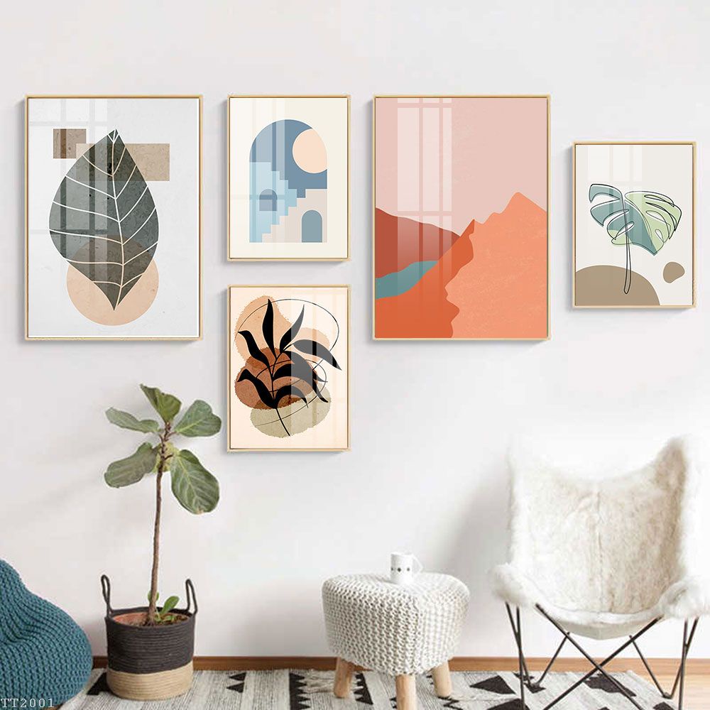 Combo 5 Tranh Treo Tường Cao Cấp Tối Giản Boho Minimalist Trừu Tượng Hình Học - Tone Cam Trắng Trang Trí Phòng Khách
