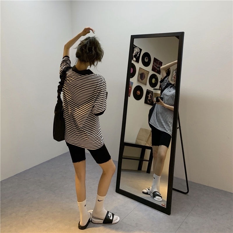 Áo Thun Tay Lửng Họa Tiết Sọc Đen Trắng Thời Trang Dành Cho Nữ