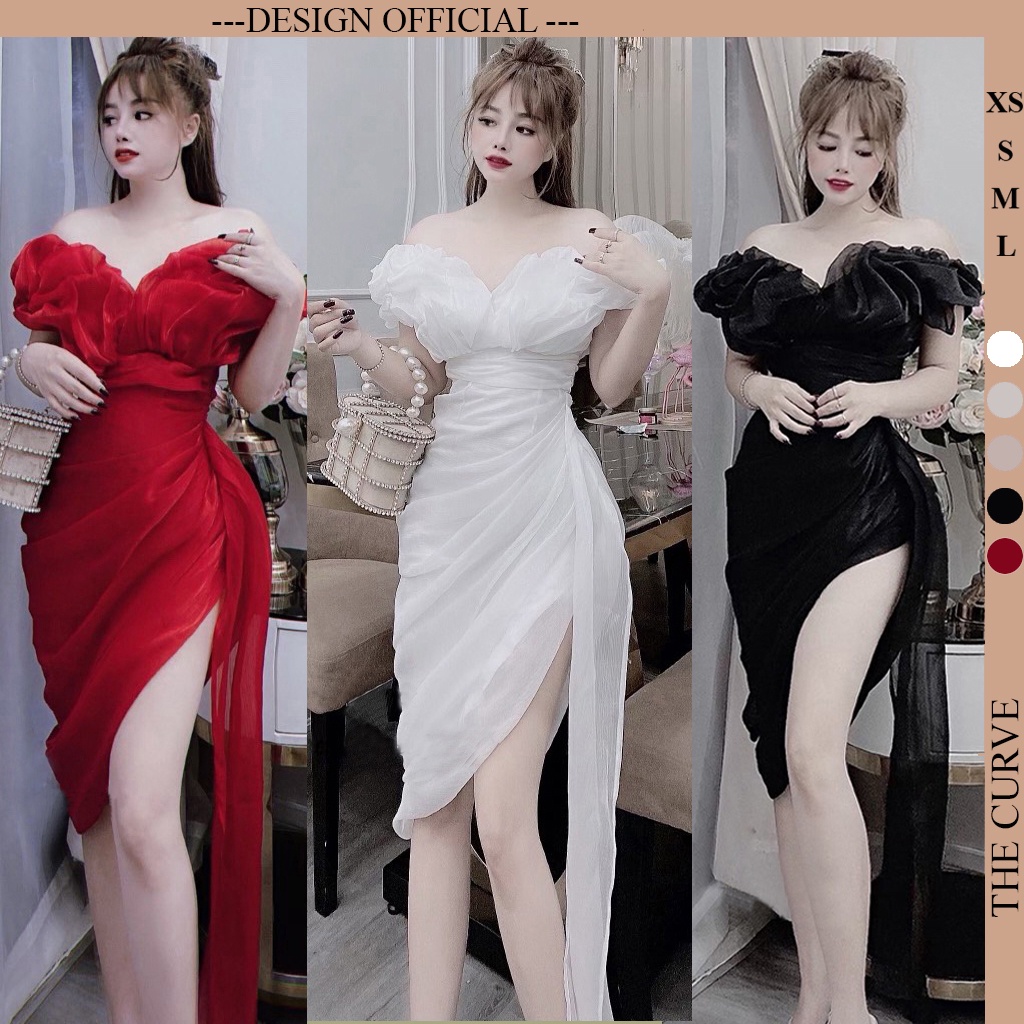 Đầm Dự Tiệc Body Trễ Vai Vải Tơ Organza Ánh Kim Xẻ Tà Nơ Eo, Váy Nữ Thiết Kế Sang Trọng, Kiểu Xoắn Bèo Ngực