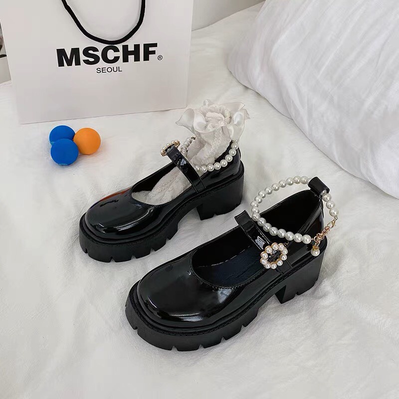 Giày búp bê nữ đế cao 5p gót vuông chất da bóng, Giày oxford nữ mũi tròn quai đính ngọc chất da bóng/ lì hottrend