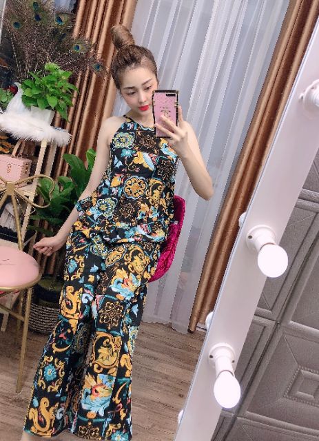 Đồ Bộ Nữ Mặc Nhà FREESHIP 50K Set Bộ Nữ Thổ Cẩm Cổ Yếm Hai Dây, Quần Dài Chất Lụa Cao Cấp Form<60kg