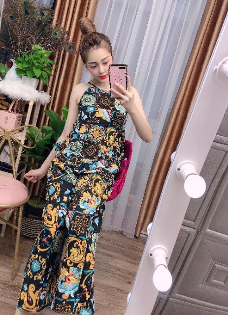 Đồ Bộ Nữ Mặc Nhà 💓FREESHIP 50K💓 Set Bộ Nữ Thổ Cẩm Cổ Yếm Hai Dây, Quần Dài Chất Lụa Cao Cấp Form<60kg