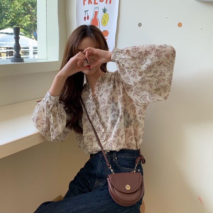 Xiaozhainv Áo Sơ Mi Voan Tay Dài Cổ Chữ V Phối Bèo Họa Tiết Hoa Phong Cách Hàn Quốc