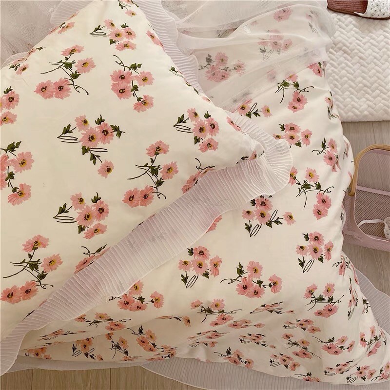 Set Chăn Ga Chùm Hoa Hồng Viền Bèo Cotton Mềm Mát Cực Xinh(Shinbedding_store)