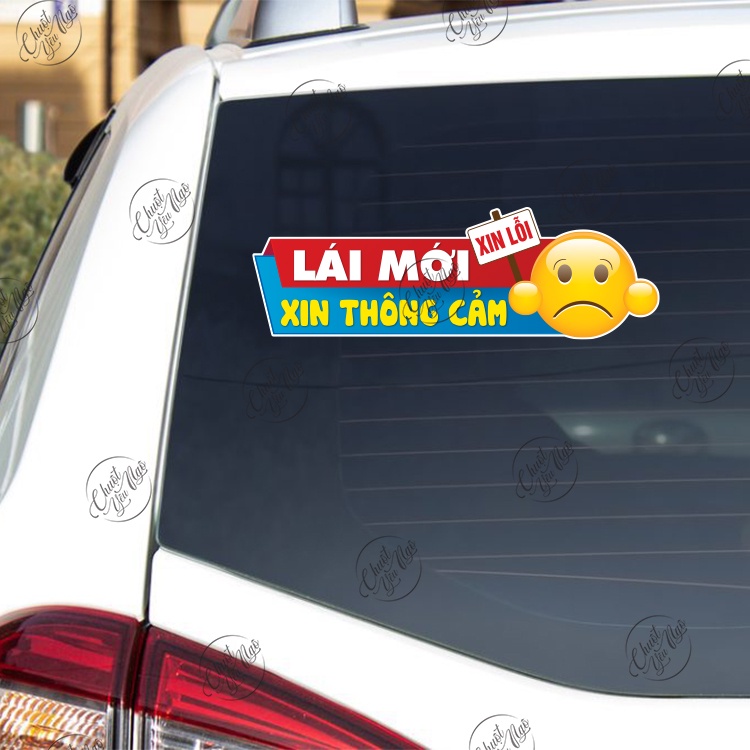 Combo 2 miếng decal xin lỗi LÁI MỚI MẶT CƯỜI thông cảm sticker chống nước logo dán xe ô tô chất lượng cao