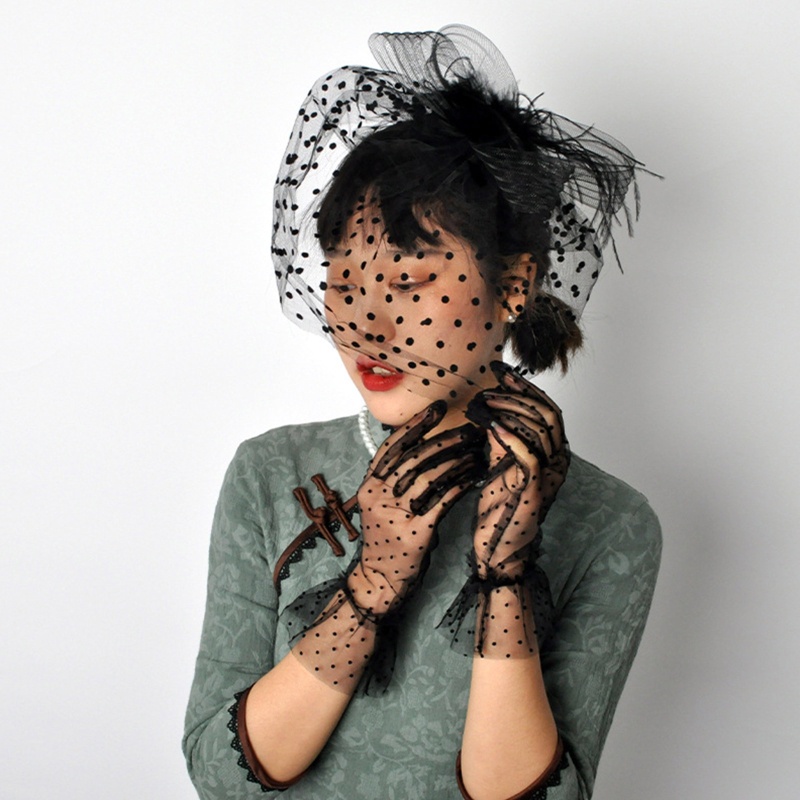 Flgo Găng Tay Ngắn Phối Lưới Đính Lông Vũ Phong Cách Vintage Cho Cô Dâu