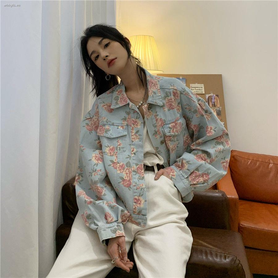 Honypove Áo khoác denim in hình hoa hồng/ Áo không tay phong cách retro thời trang mùa thu mẫu mới 2021
