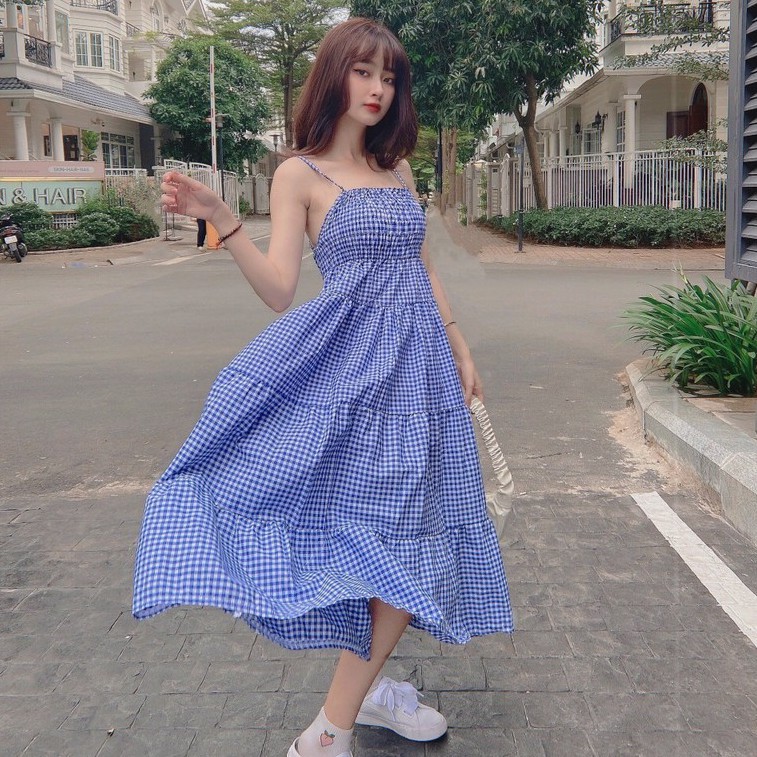 Váy babydoll 2 dây kẻ xanh💖FREESHIP💖 đầm babydoll kẻ xanh dáng dài thời trang AD112