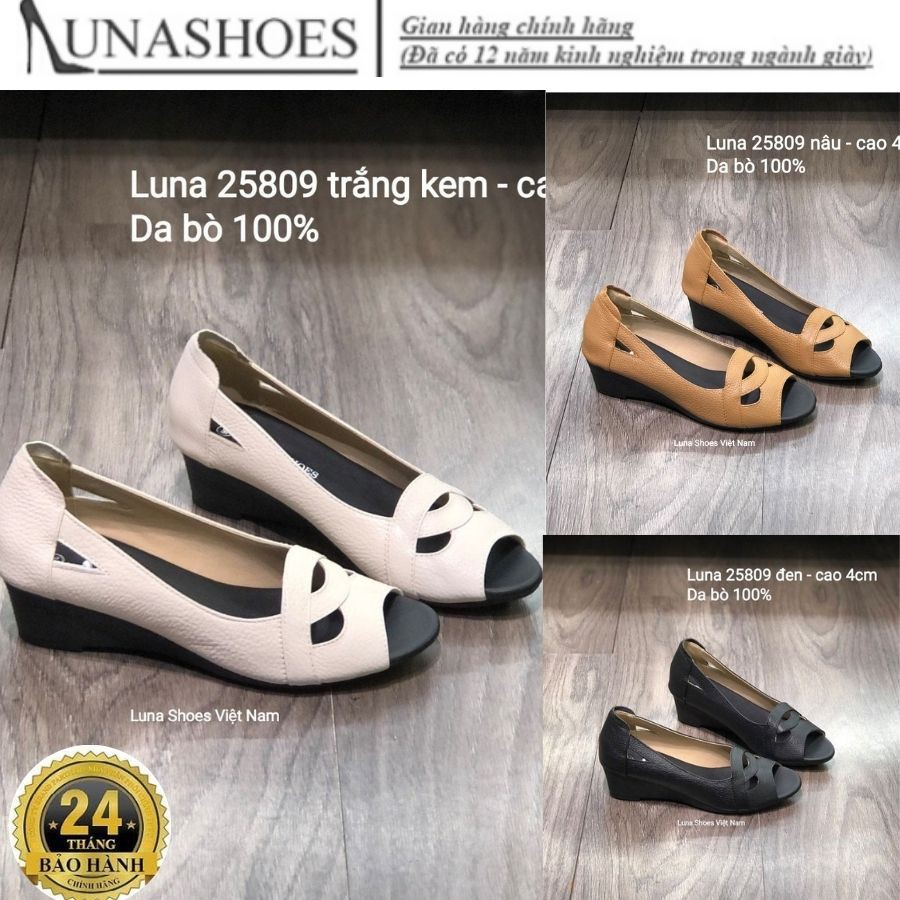 Giày Đế Xuồng nữ da bò mềm êm chân  Lunashoe(25809) đế cao 4 phân  bảo hành 2 năm 1 đổi 1 giày trung niên nữ cho mẹ