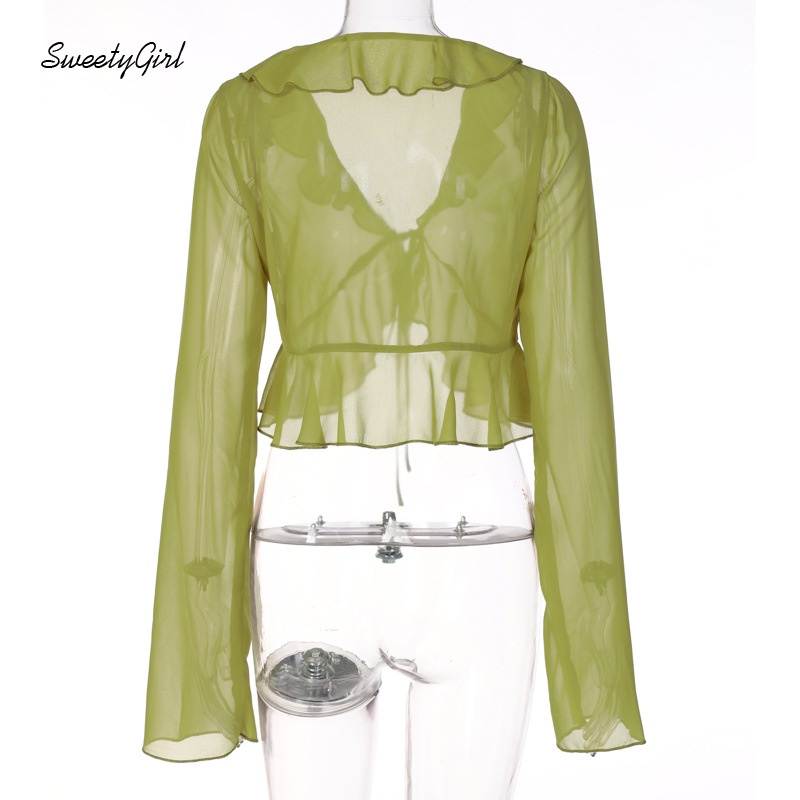 Áo Croptop Tay Dài Cổ Chữ V Màu Trơn Trong Suốt Viền Phồng Phong Cách Đường Phố Cho Nữ