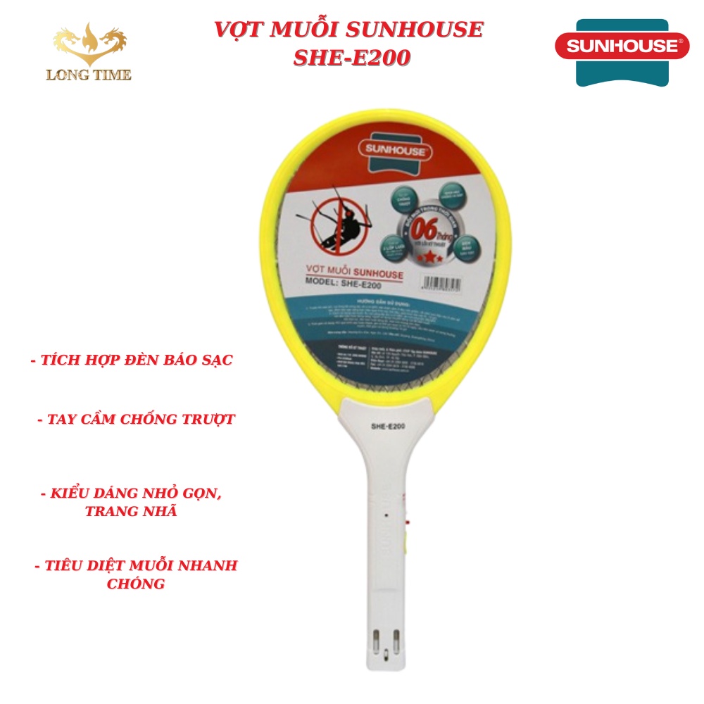 Vợt muỗi Sunhouse SHE-E200 , Dụng cụ bắt côn trùng tích hợp đèn , sạc pin , tay cầm chống trượt , công nghệ sạc nhanh