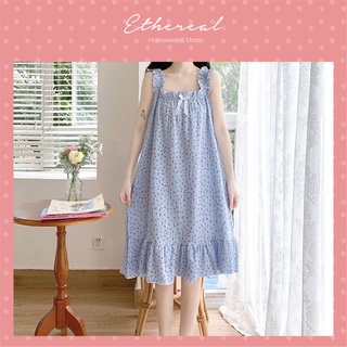 [EtherealPijamas] Đầm baby vải xốp phồng hoa nhí Xanh tay nhún kèm nơ