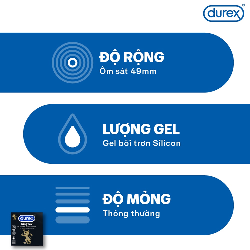 Bao cao su Durex Kingtex ôm sát, bôi trơn, size 49mm, hộp 3 bao