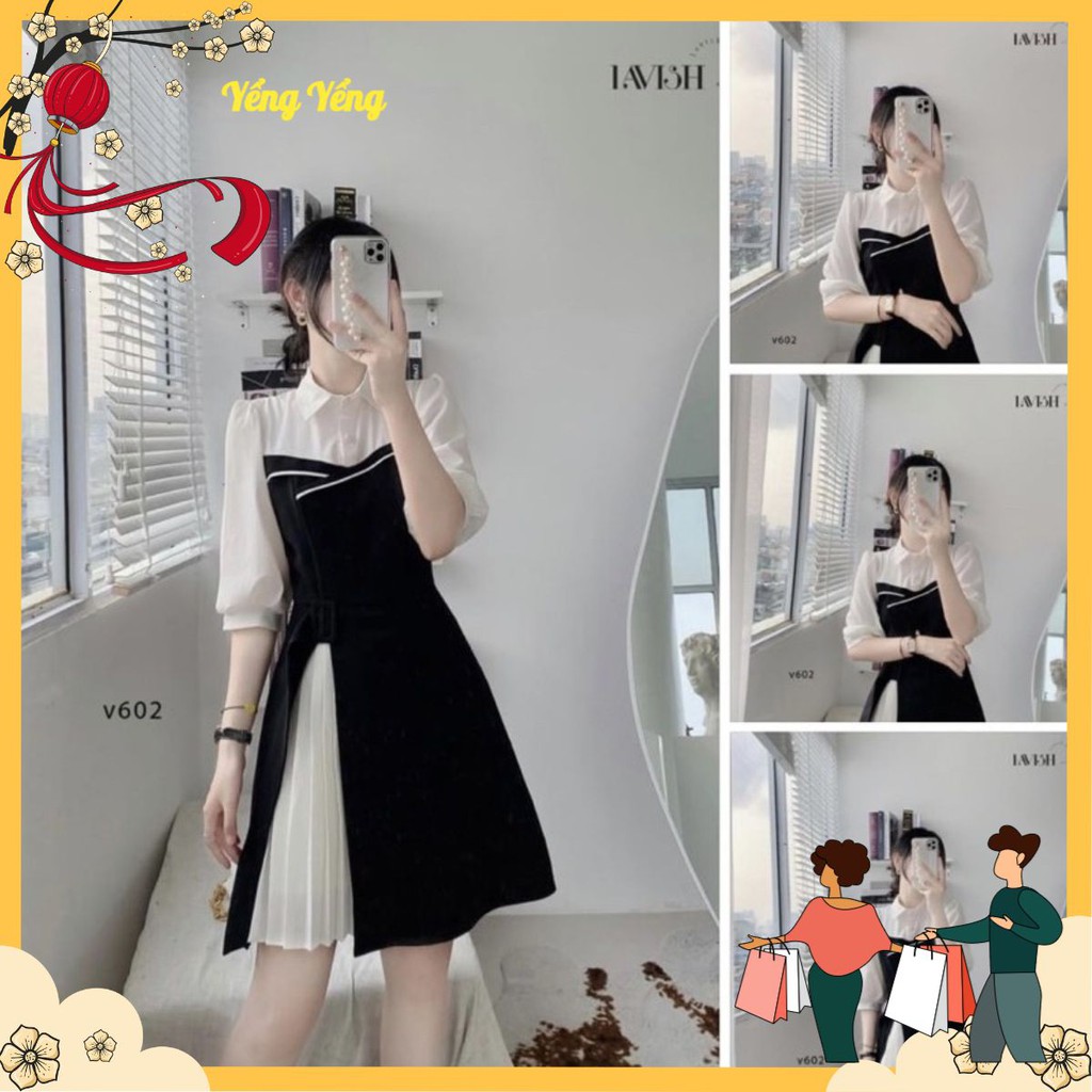 [Mã SKAMA06 giảm 8% tối đa 50K đơn 250K] VNU308 - VÁY ĐEN PHỐI CỔ TRẮNG CÚC BỌC DẬP LI