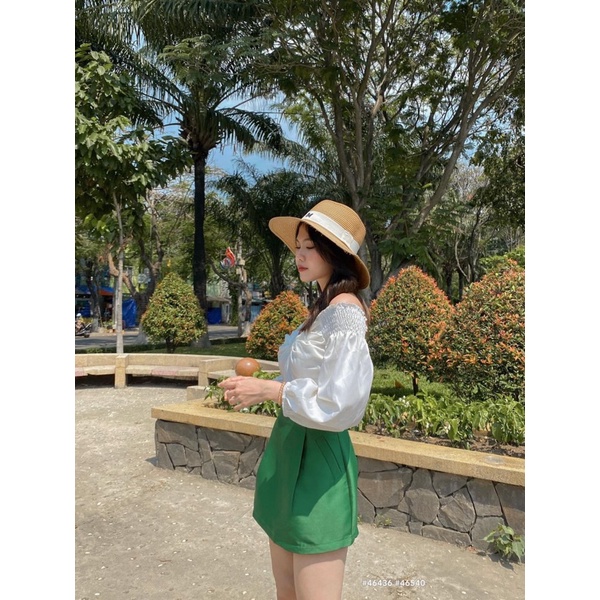 [RÁCH STORE] ÁoKiểuCrop-trễvai-xếpngực-taydàibo(46436)