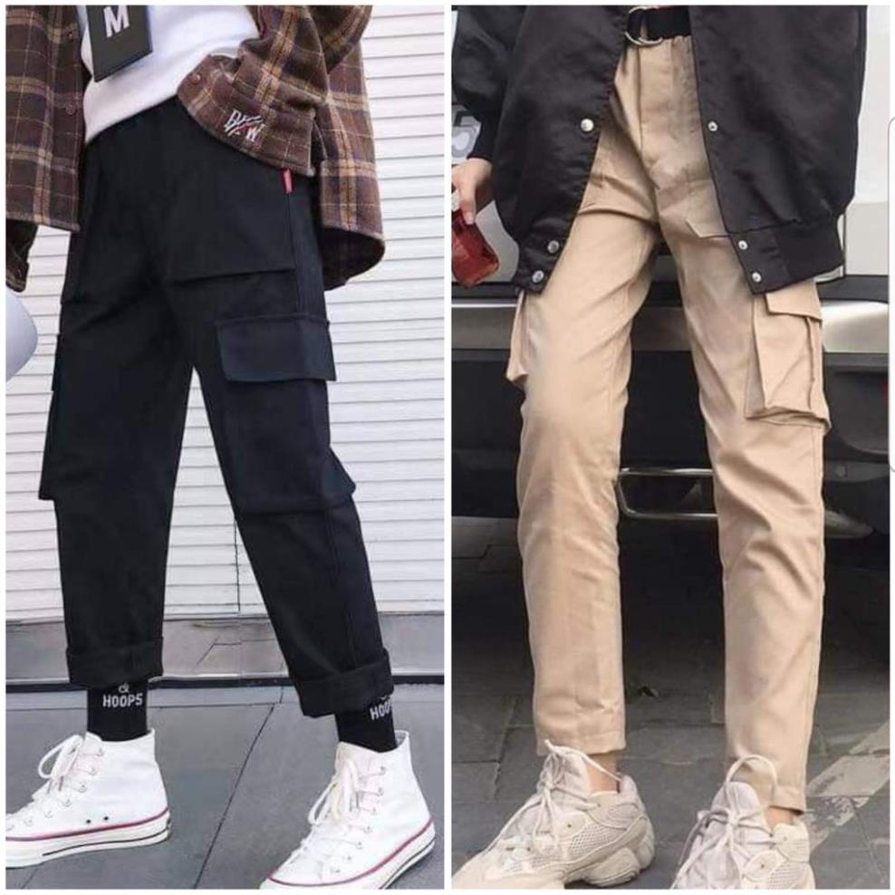 Quần Kaki Nam Nữ TÚI HỘP BOX PANTS Unisex - Kiểu quần Baggy kaki thun co dãn đen và tan be Leevin Store