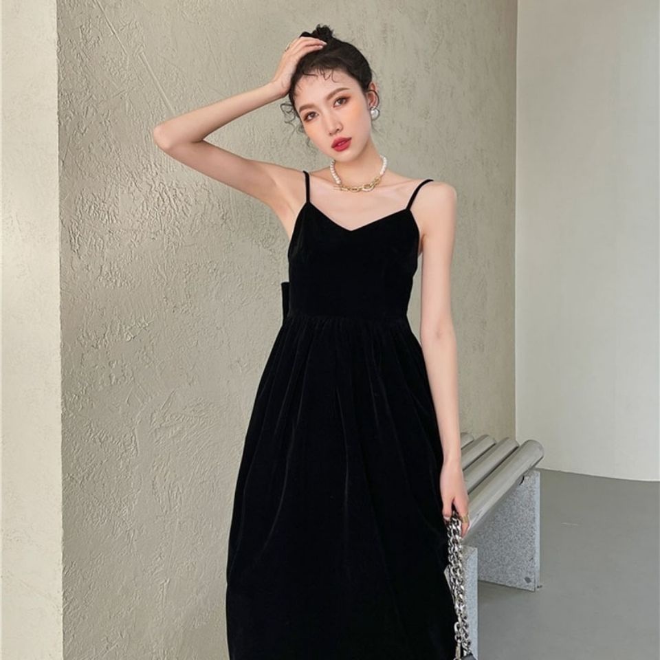 [Chất lượng cao] Đầm nhung hai dây hở lưng hình bướm màu vàng phong cách Pháp thanh lịch retro mùa thu cổ điển cho nữ